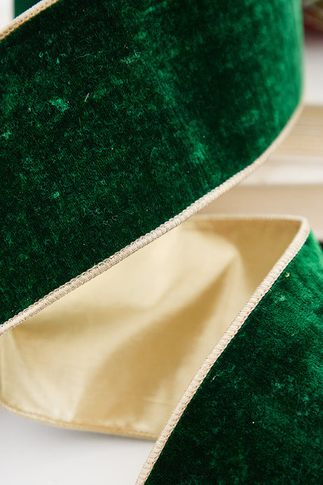 4" x 5 Yard Green Plush Velvet with Gold Lamé Backing Ribbon
