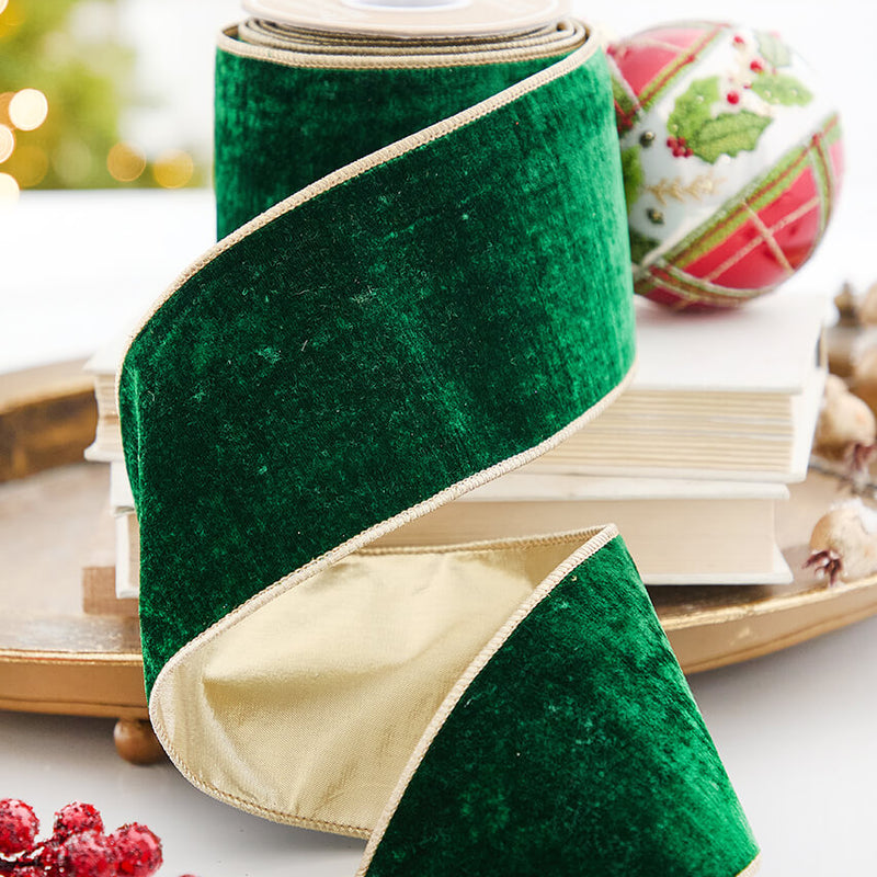 4" x 5 Yard Green Plush Velvet with Gold Lamé Backing Ribbon