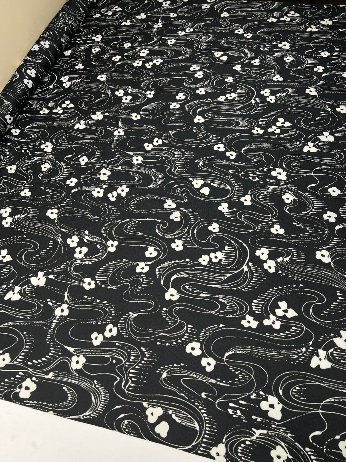 Polyester Crepe Printed Black White Floral