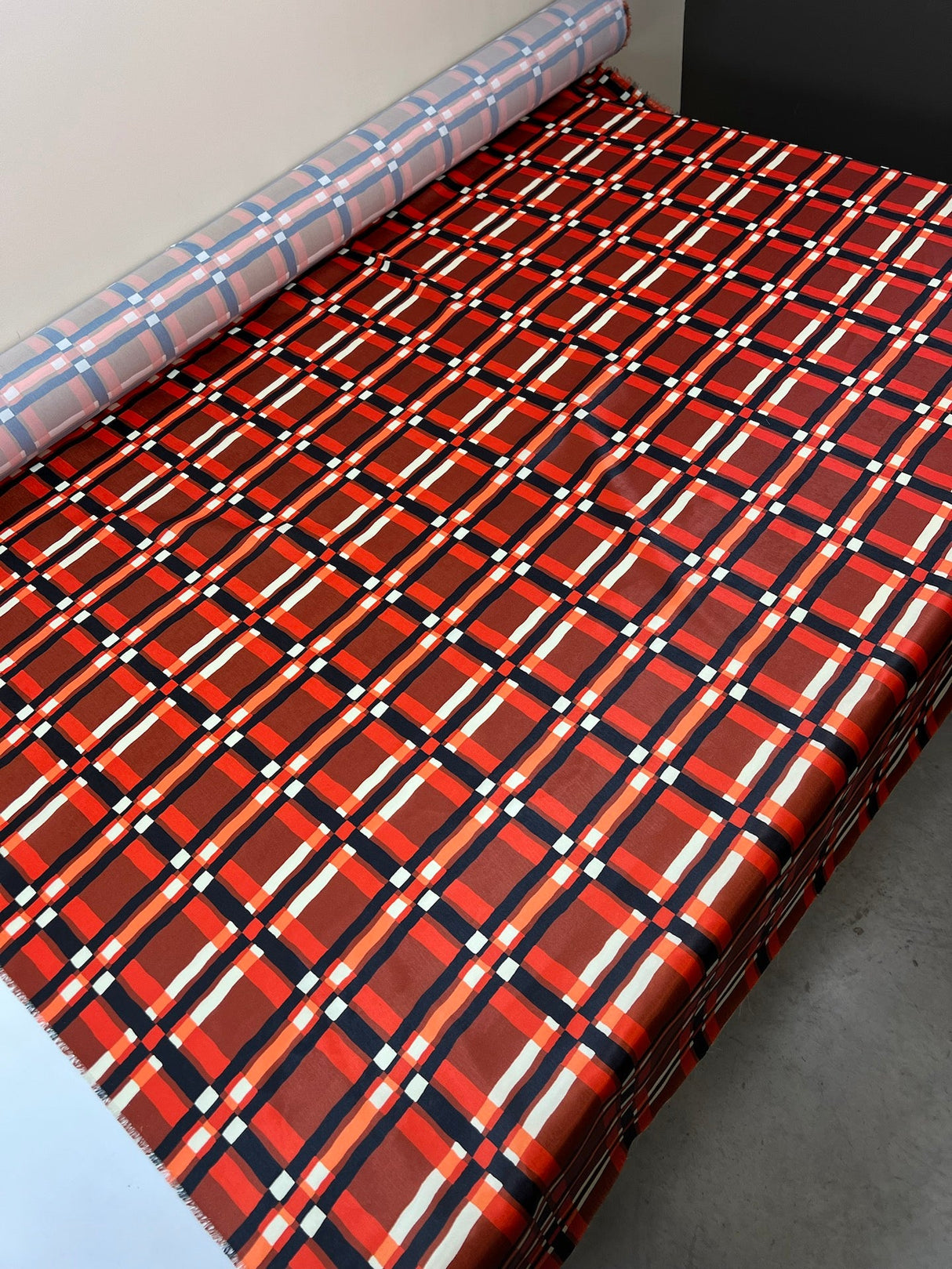 Polyester Sateen Checked Red Brown