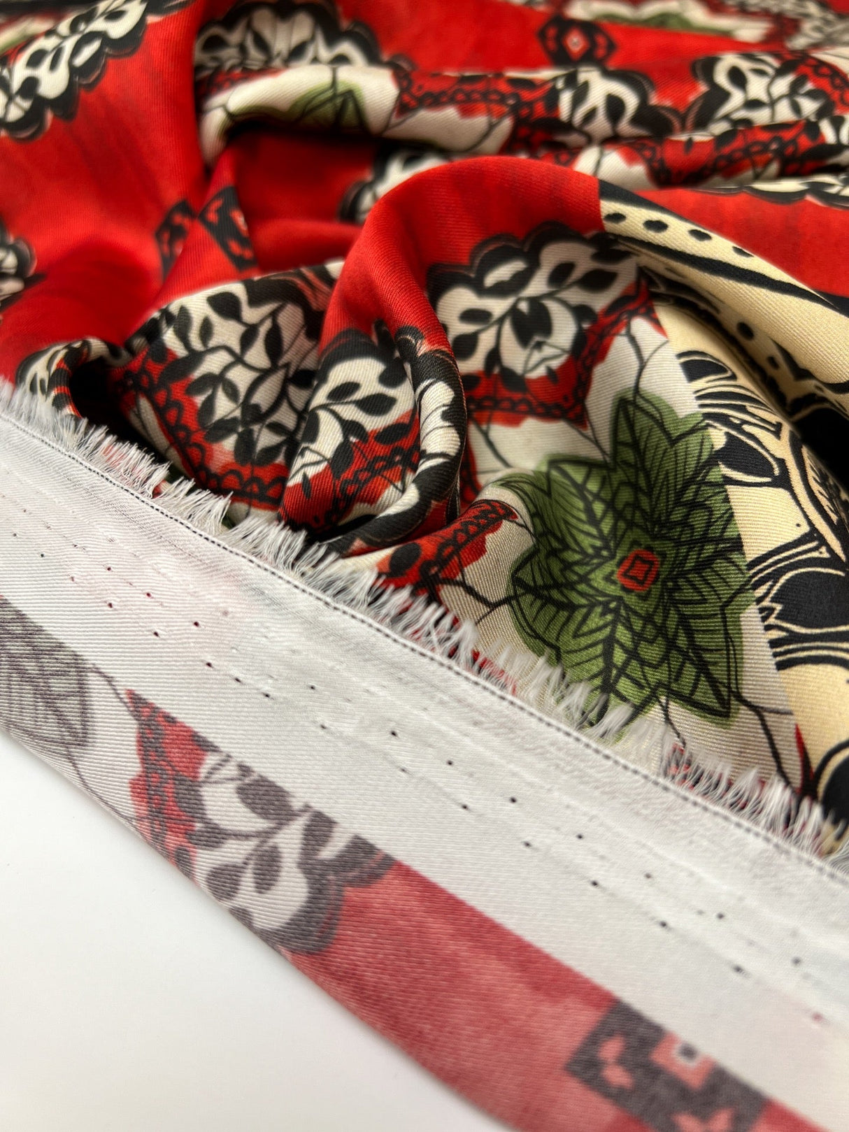 Polyester Sateen Floral Print Red Beige