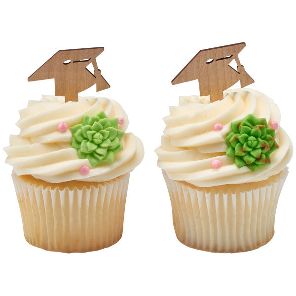 Graduation cap wood style Assortment Cupcake Cake Pics - set of 72