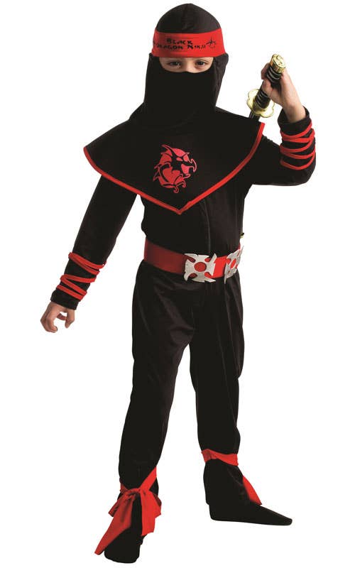 Boys ninja warrior jumpsuit costume with hood and belt