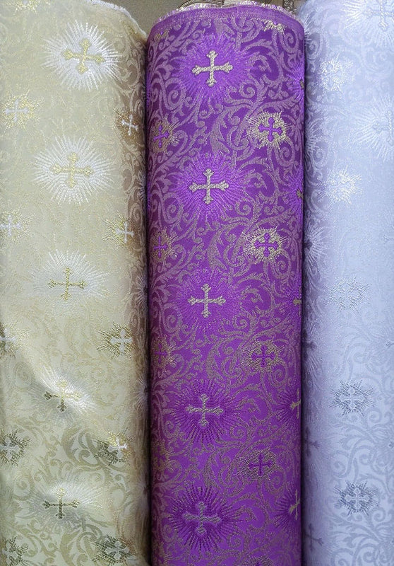 1 Yard Small Metallic Cross Brocade Jacquard Fabric Polyester Shiny Religious 58 59 Inches