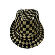 Gold checkerboard fedora hat with pinched crown and jaunty brim
