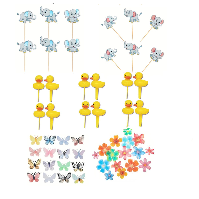 Oasis Supply, Baby Shower, Welcome Baby Cake Toppers - 48 pcs kit, Includes 12 of each Ducky Picks, Baby Elephant Picks, Edible Wafer Butterflies, & Edible Wafer Flowers