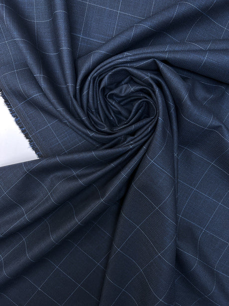 Checked Blue Polyamide Viscose Suiting Fabric