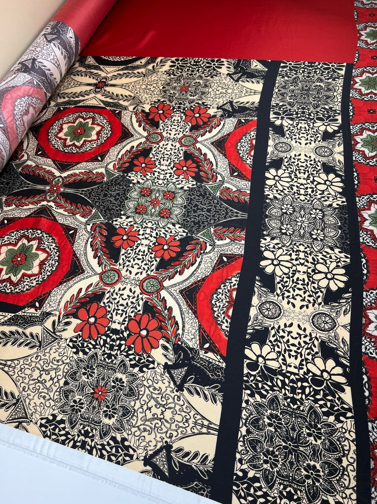 Polyester Sateen Floral Print Red Beige