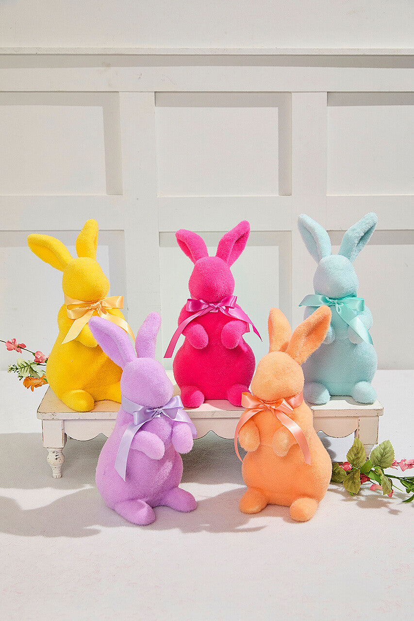 11" Flocked Easter Bunny Spring Decor with Soft Fuzzy Finish and Bow Accent