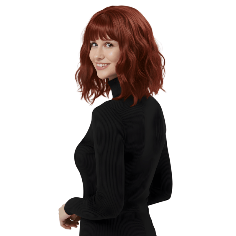Short wavy costume wig with bangs and adjustable fit