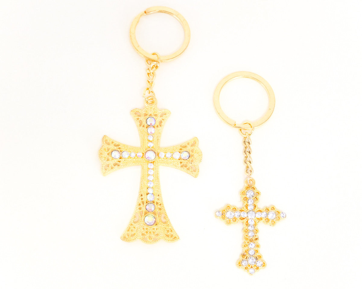 Small Gold Metal Rhinestone Cross Keychain - Pack of 12