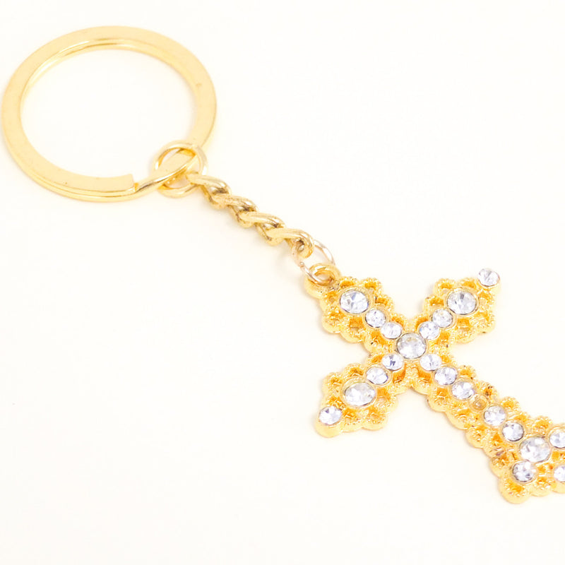 Small Gold Metal Rhinestone Cross Keychain - Pack of 12