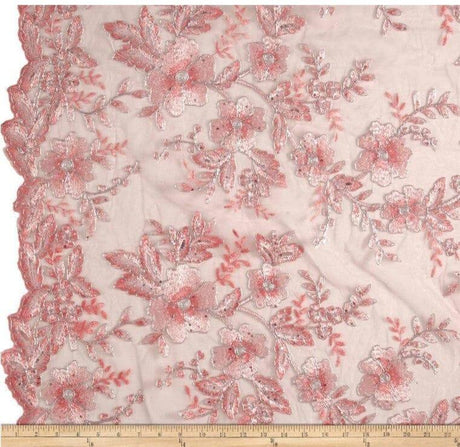 Edith Embroidery Fabric - Two Tone Floral Embroidery, Sheer Tulle, 52" Width, Multiple Colors (1 Yard)