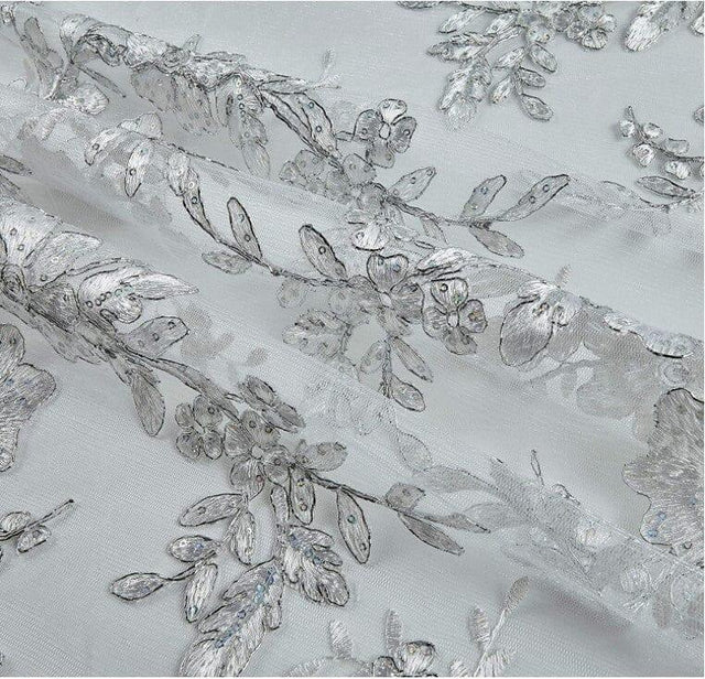 Edith Embroidery Fabric - Two Tone Floral Embroidery, Sheer Tulle, 52" Width, Multiple Colors (1 Yard)