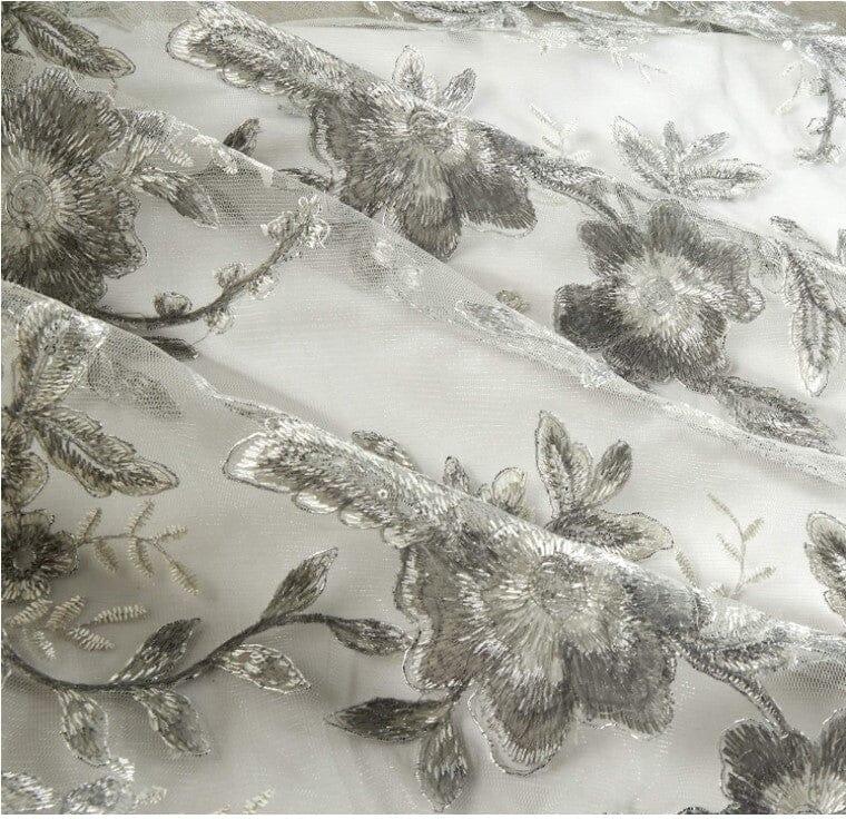 Edith Embroidery Fabric - Two Tone Floral Embroidery, Sheer Tulle, 52" Width, Multiple Colors (1 Yard)