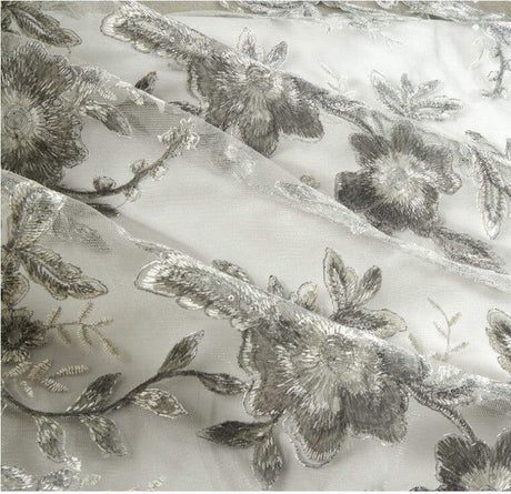 Edith Embroidery Fabric - Two Tone Floral Embroidery, Sheer Tulle, 52" Width, Multiple Colors (1 Yard)