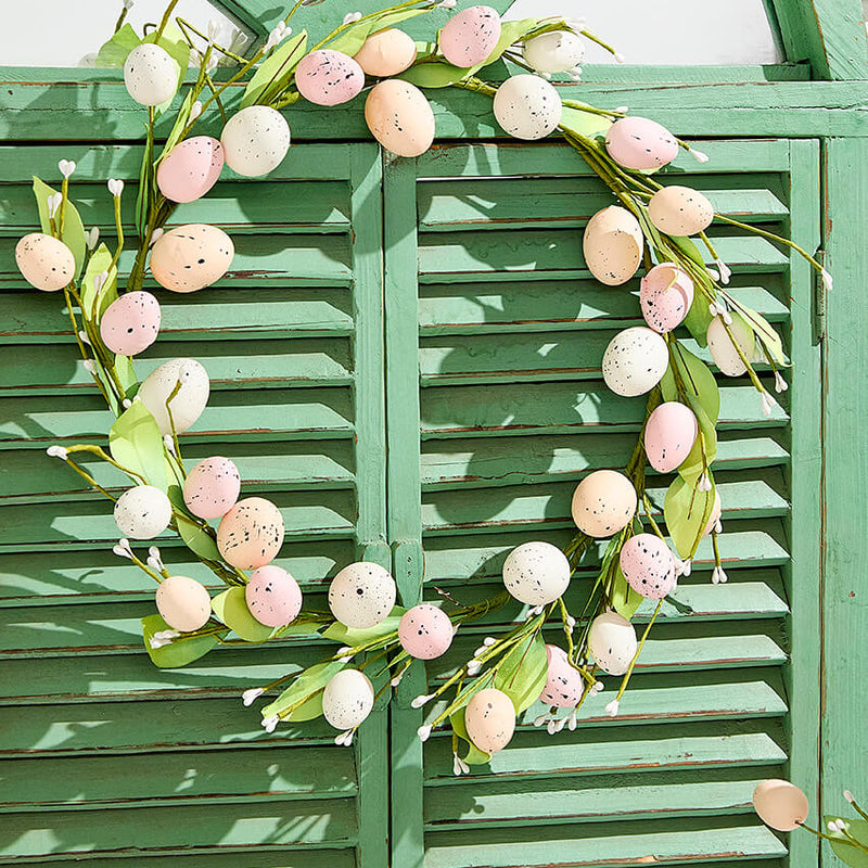 14" Egg & Leaf Wreath Large Spring Easter Decorative Hanging Wreath with Pastel Eggs and Green Leaf Accents for Door Wall and Seasonal Home Decor