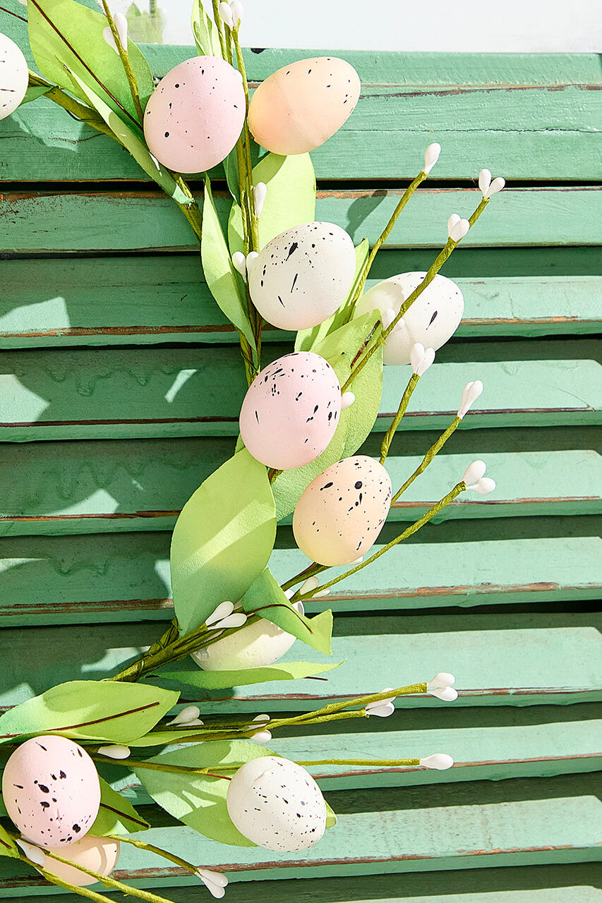 14" Egg & Leaf Wreath Large Spring Easter Decorative Hanging Wreath with Pastel Eggs and Green Leaf Accents for Door Wall and Seasonal Home Decor