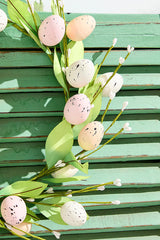 14" Egg & Leaf Wreath Large Spring Easter Decorative Hanging Wreath with Pastel Eggs and Green Leaf Accents for Door Wall and Seasonal Home Decor