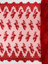 Elegant Beaded Floral Lace On Mesh Beaded Lace Fabric - Floral, 54" Width (1 Yard)