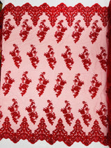 Elegant Beaded Floral Lace On Mesh Beaded Lace Fabric - Floral, 54" Width (1 Yard)