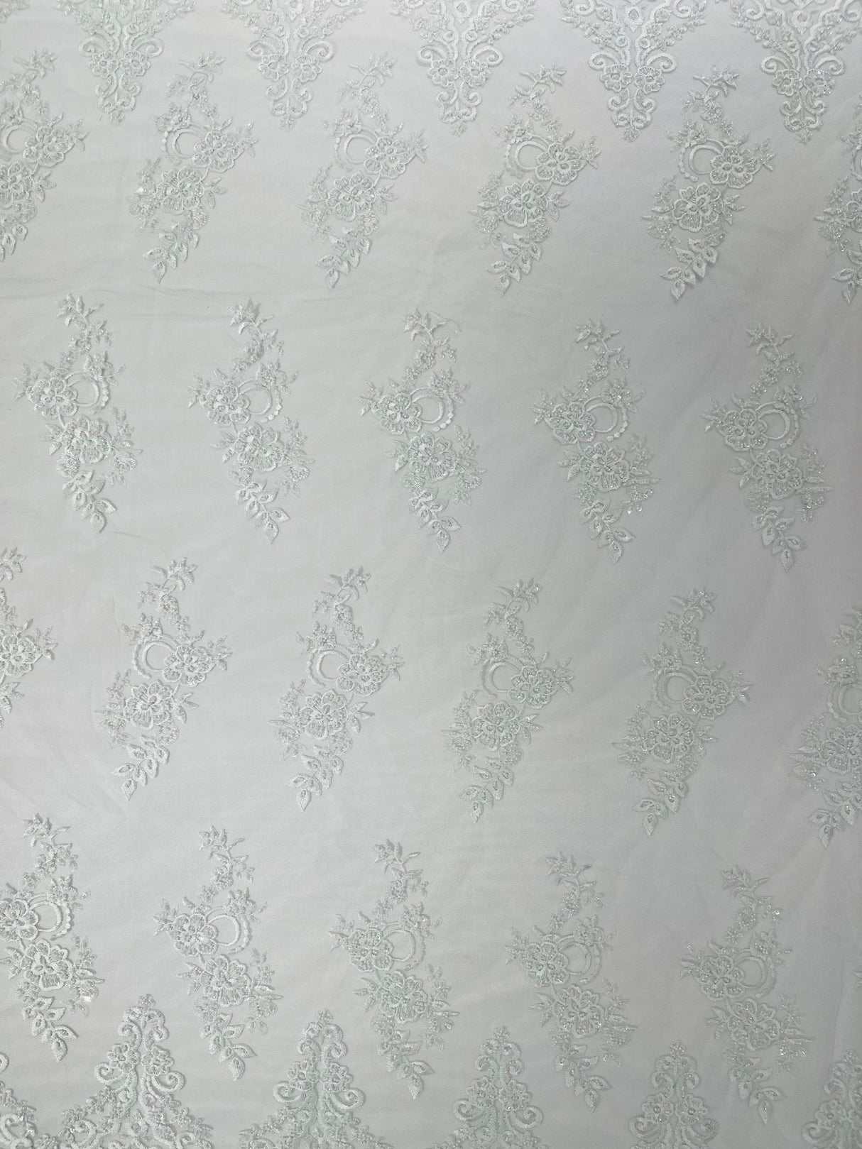 Elegant Beaded Floral Lace On Mesh Beaded Lace Fabric - Floral, 54" Width (1 Yard)