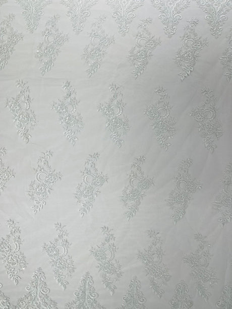 Elegant Beaded Floral Lace On Mesh Beaded Lace Fabric - Floral, 54" Width (1 Yard)