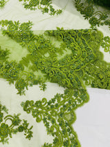 Elegant Beaded Floral Lace On Mesh Beaded Lace Fabric - Floral, 54" Width (1 Yard)