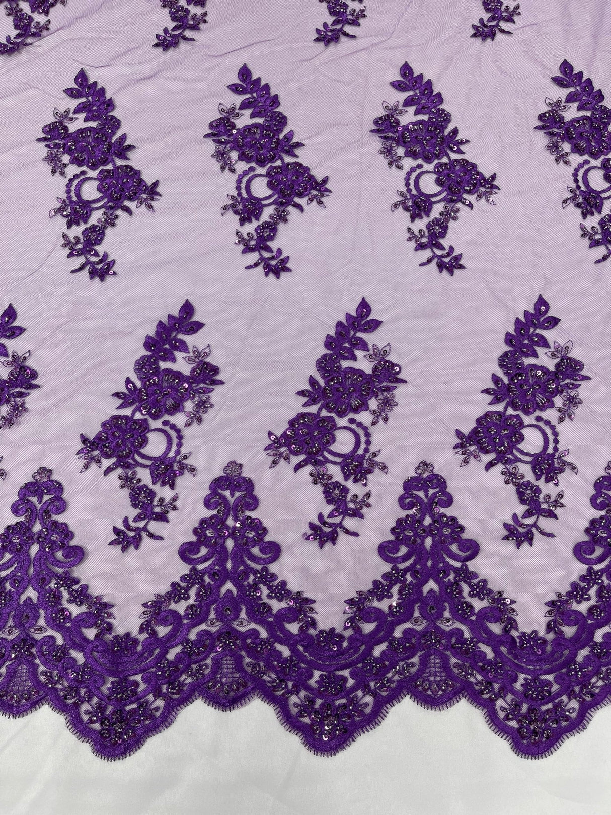 Elegant Beaded Floral Lace On Mesh Beaded Lace Fabric - Floral, 54" Width (1 Yard)