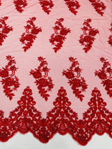 Elegant Beaded Floral Lace On Mesh Beaded Lace Fabric - Floral, 54" Width (1 Yard)