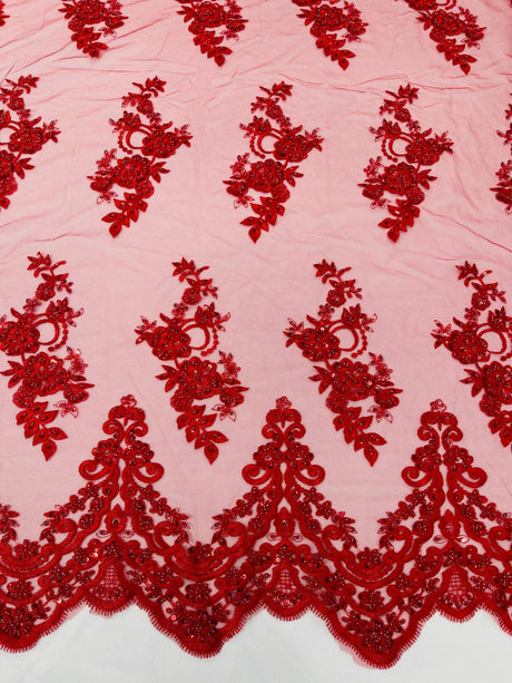 Elegant Beaded Floral Lace On Mesh Beaded Lace Fabric - Floral, 54" Width (1 Yard)
