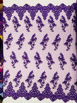 Elegant Beaded Floral Lace On Mesh Beaded Lace Fabric - Floral, 54" Width (1 Yard)