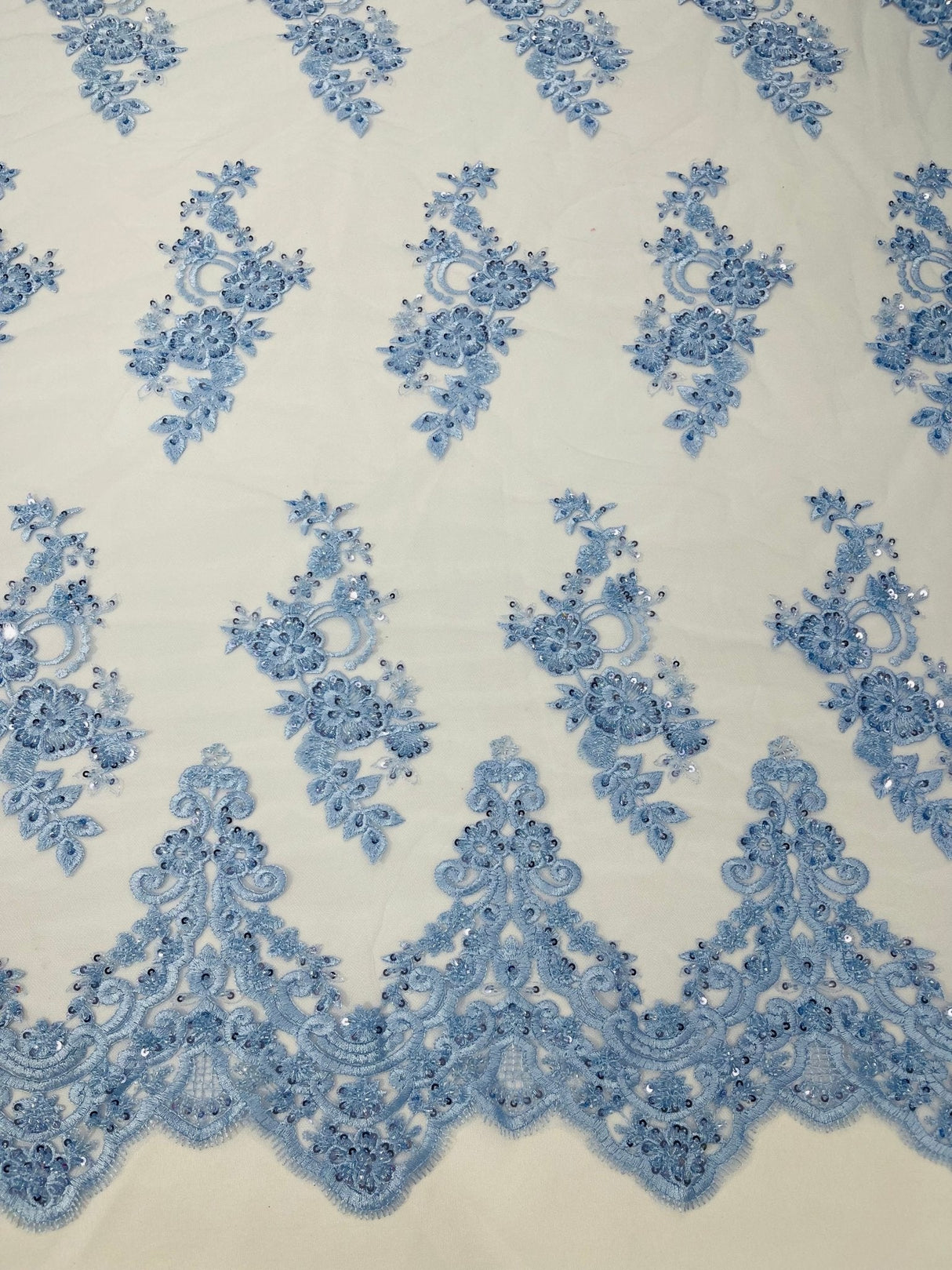 Elegant Beaded Floral Lace On Mesh Beaded Lace Fabric - Floral, 54" Width (1 Yard)