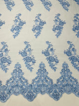 Elegant Beaded Floral Lace On Mesh Beaded Lace Fabric - Floral, 54" Width (1 Yard)