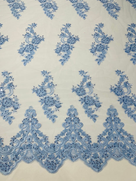 Elegant Beaded Floral Lace On Mesh Beaded Lace Fabric - Floral, 54" Width (1 Yard)