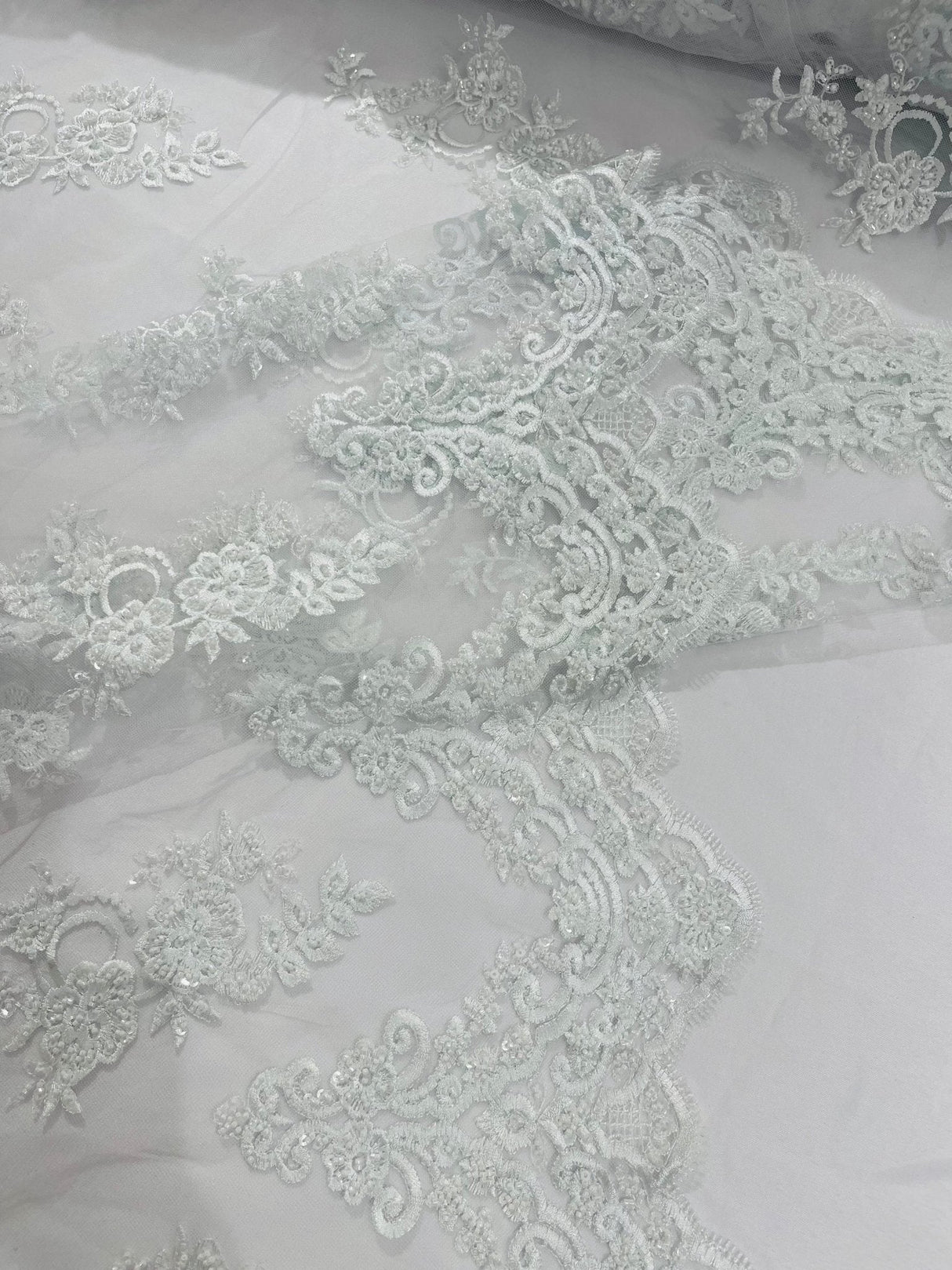 Elegant Beaded Floral Lace On Mesh Beaded Lace Fabric - Floral, 54" Width (1 Yard)