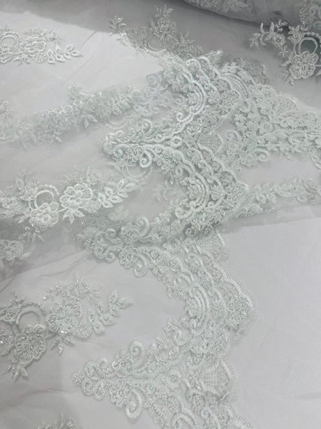 Elegant Beaded Floral Lace On Mesh Beaded Lace Fabric - Floral, 54" Width (1 Yard)