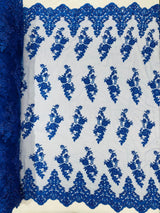 Elegant Beaded Floral Lace On Mesh Beaded Lace Fabric - Floral, 54" Width (1 Yard)