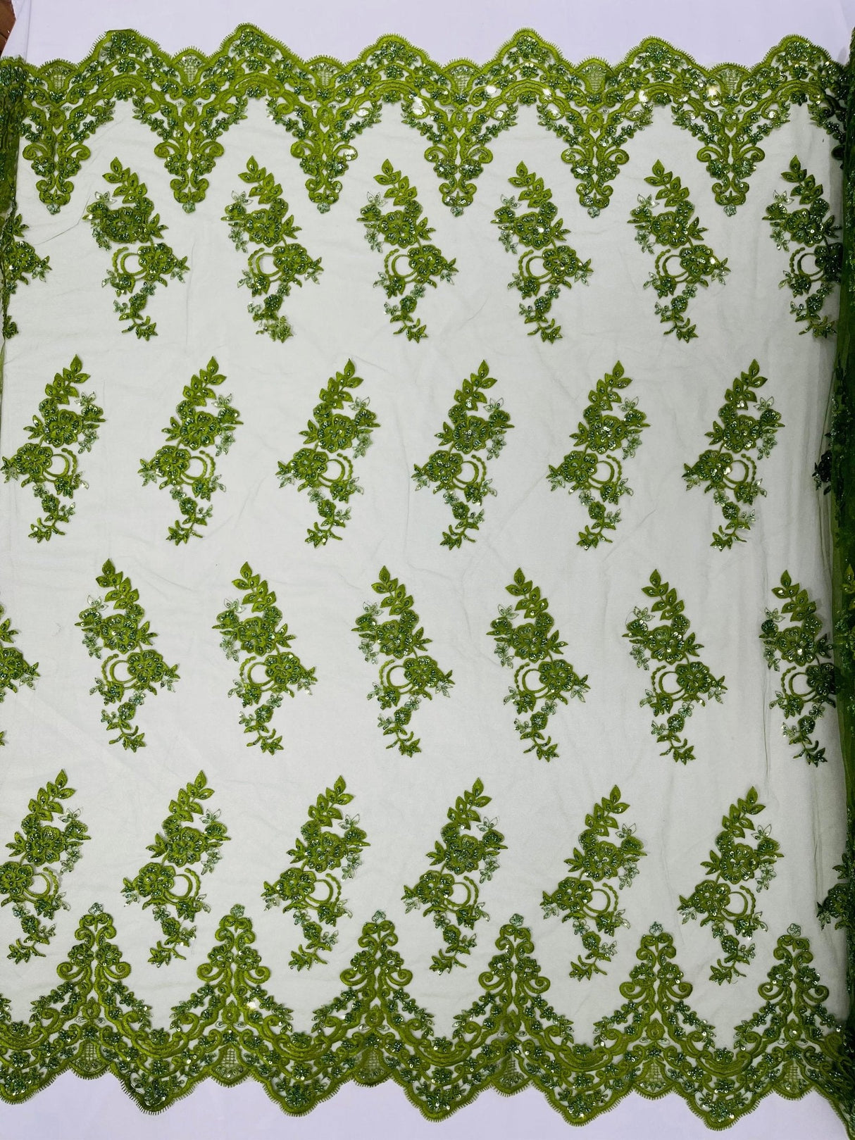 Elegant Beaded Floral Lace On Mesh Beaded Lace Fabric - Floral, 54" Width (1 Yard)