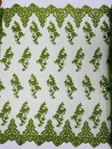 Elegant Beaded Floral Lace On Mesh Beaded Lace Fabric - Floral, 54" Width (1 Yard)