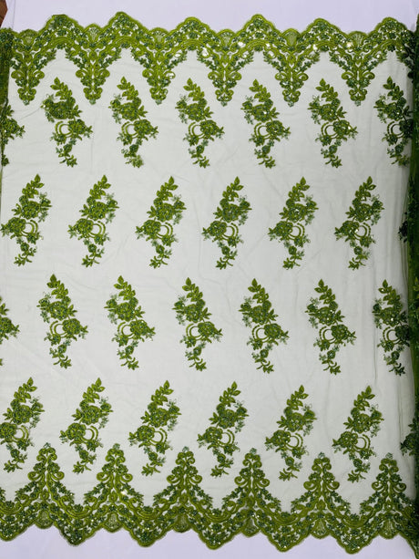 Elegant Beaded Floral Lace On Mesh Beaded Lace Fabric - Floral, 54" Width (1 Yard)