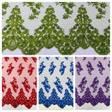 Elegant Beaded Floral Lace On Mesh Beaded Lace Fabric - Floral, 54" Width (1 Yard)