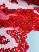 Elegant Beaded Floral Lace On Mesh Beaded Lace Fabric - Floral, 54" Width (1 Yard)