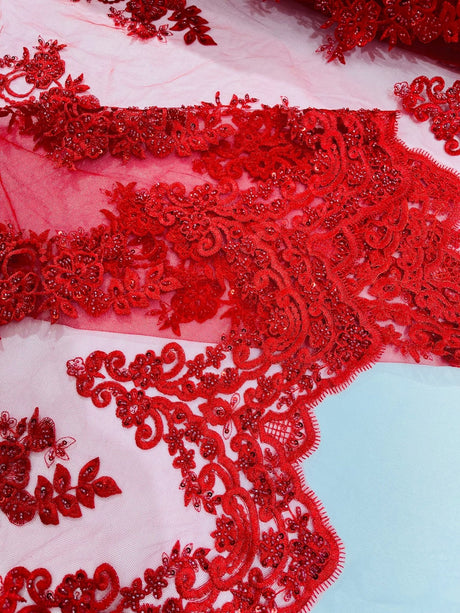 Elegant Beaded Floral Lace On Mesh Beaded Lace Fabric - Floral, 54" Width (1 Yard)