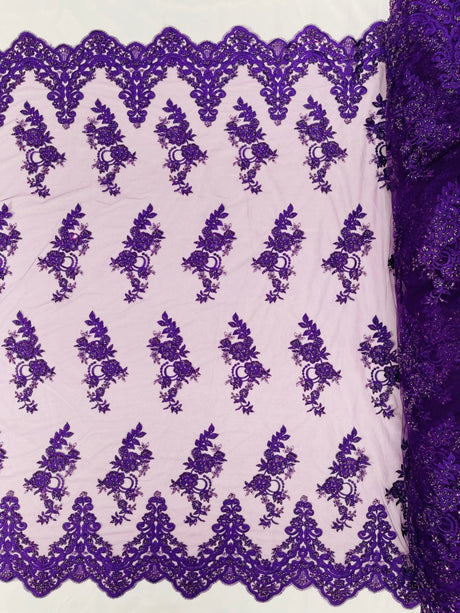 Elegant Beaded Floral Lace On Mesh Beaded Lace Fabric - Floral, 54" Width (1 Yard)