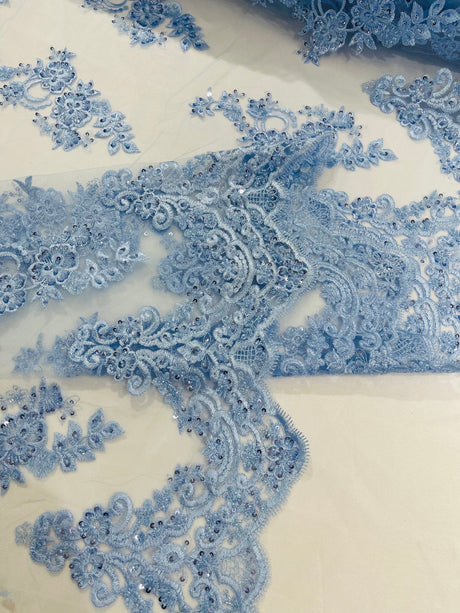 Elegant Beaded Floral Lace On Mesh Beaded Lace Fabric - Floral, 54" Width (1 Yard)