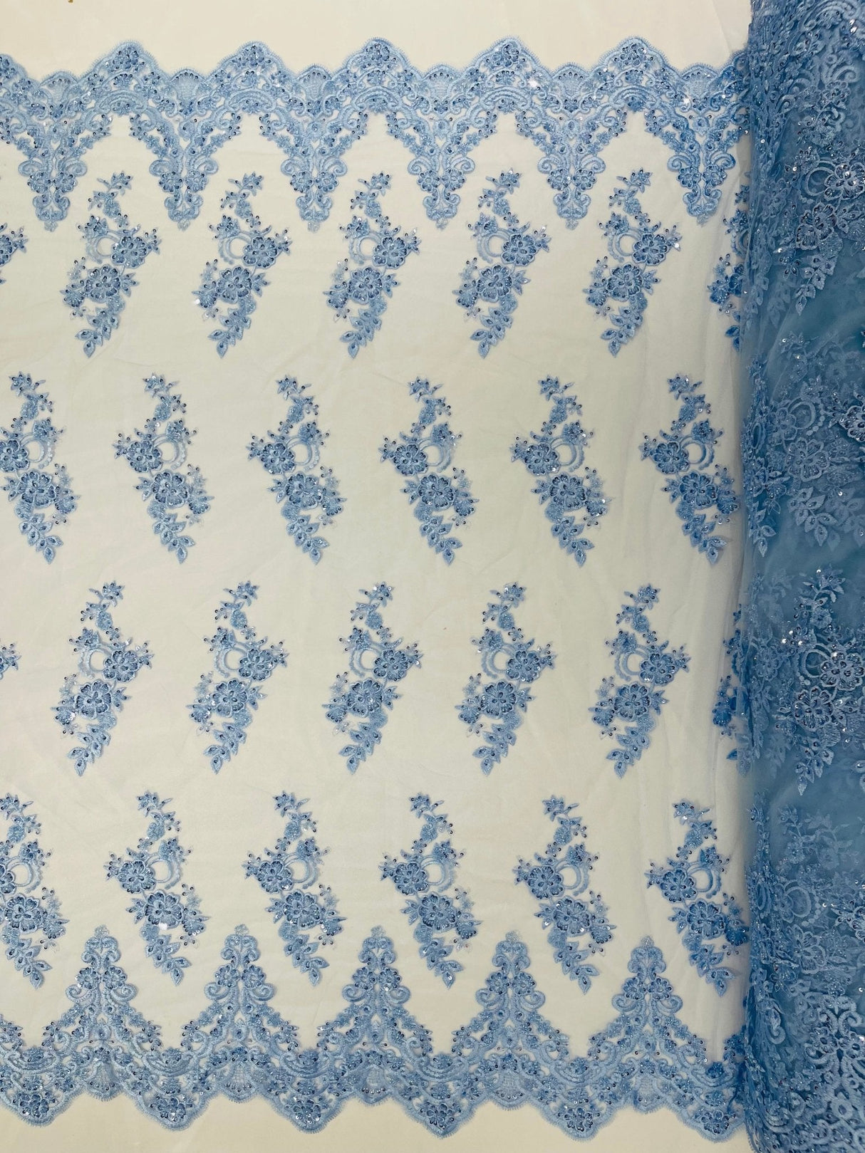 Elegant Beaded Floral Lace On Mesh Beaded Lace Fabric - Floral, 54" Width (1 Yard)