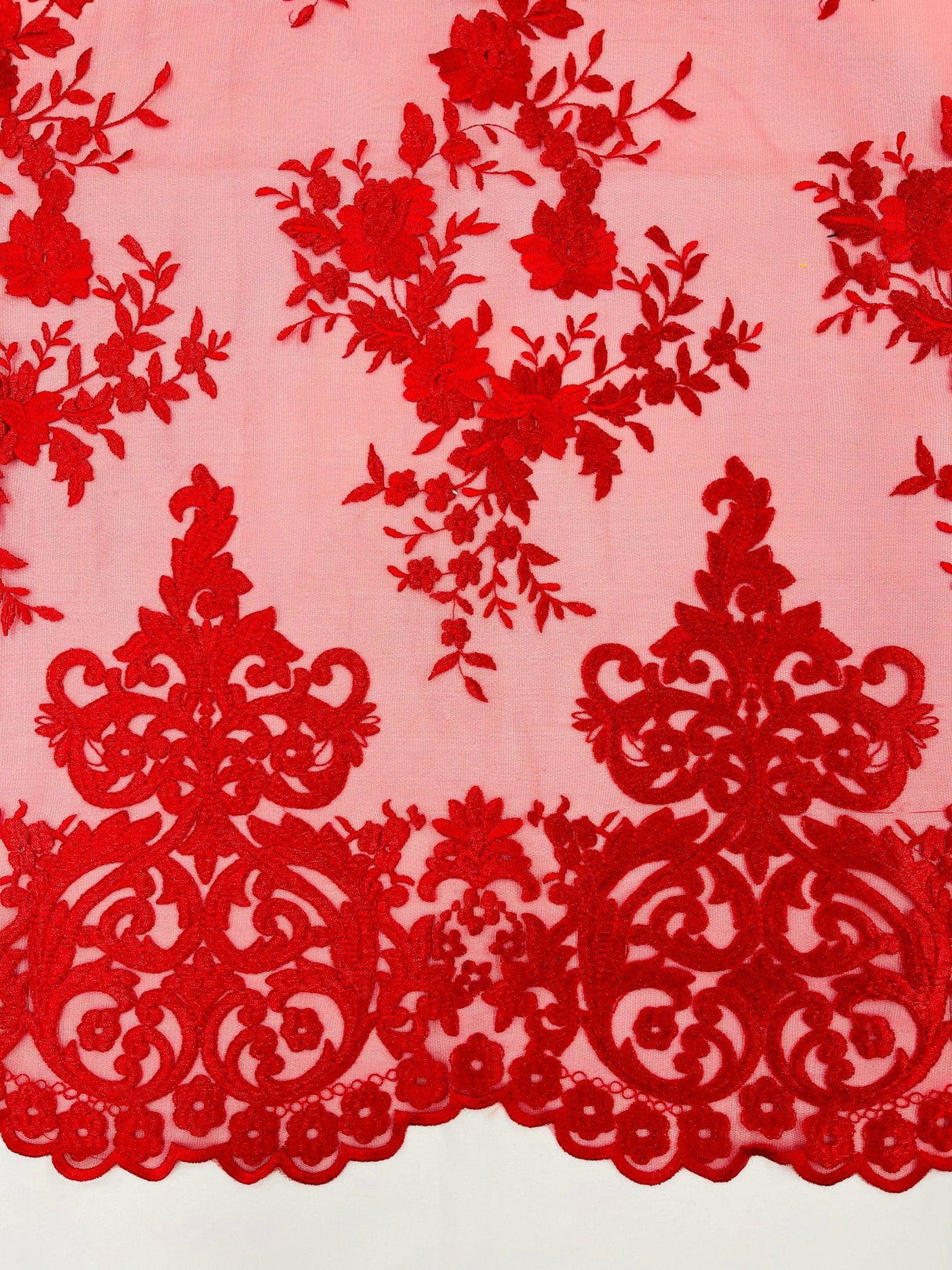 Elegant Floral Damask Flat Lace Polyester Fabric - Embroidered Mesh, 50-54" Width (1 Yard)
