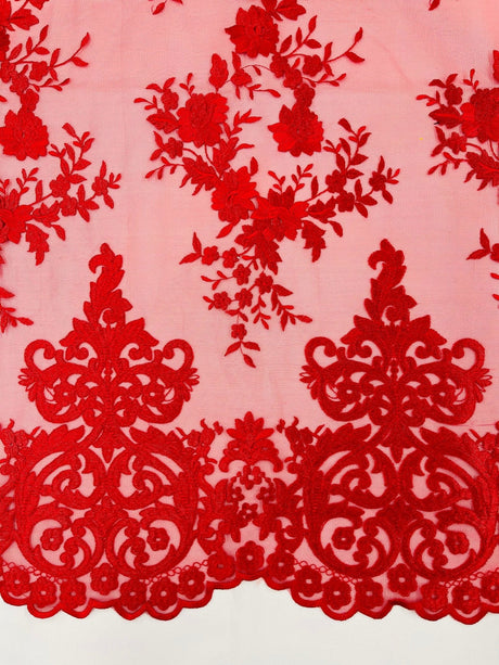 Elegant Floral Damask Flat Lace Polyester Fabric - Embroidered Mesh, 50-54" Width (1 Yard)