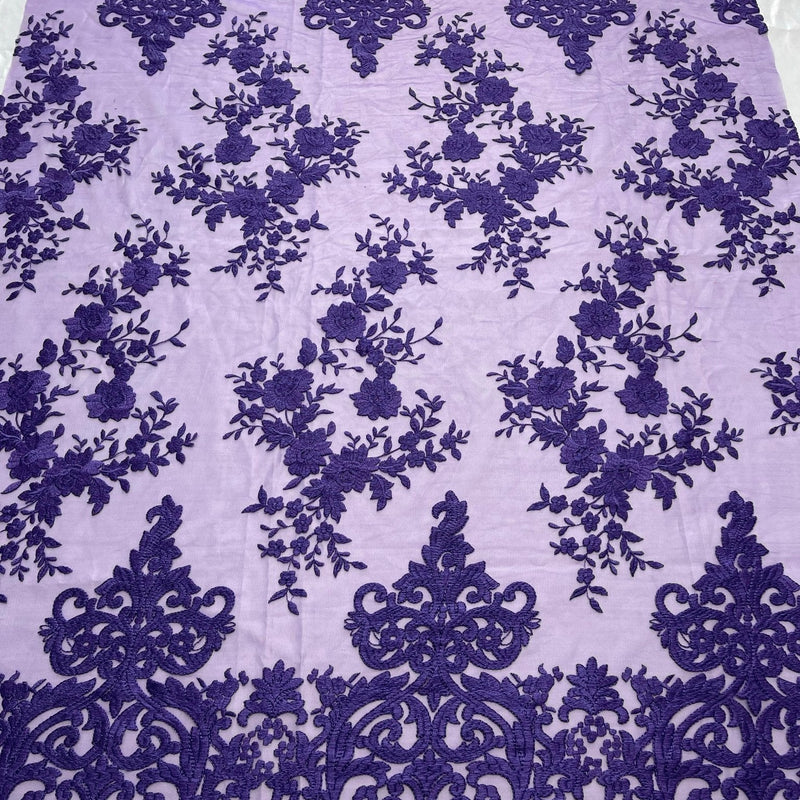 Elegant Floral Damask Flat Lace Polyester Fabric - Embroidered Mesh, 50-54" Width (1 Yard)